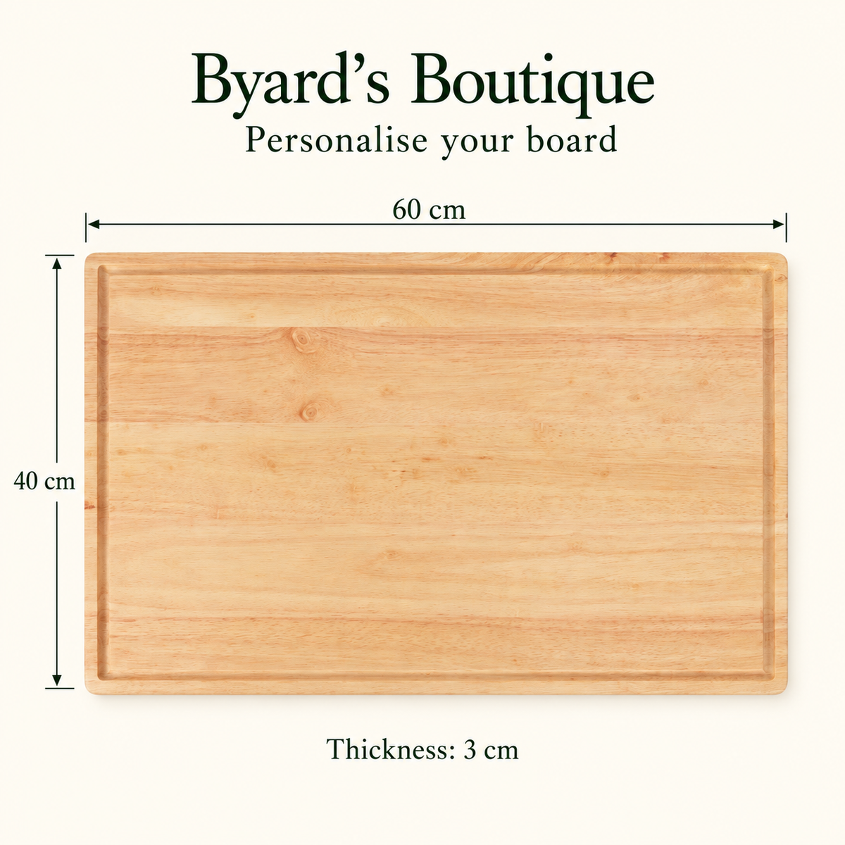Front view of the blank rubberwood butcher’s block showing its 60cm width, 40cm depth, 3cm thickness and recessed border.