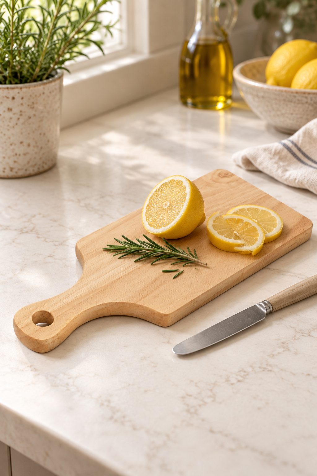 34 × 16cm rubberwood chopping board with a carved handle, sliced lemon and rosemary on a pale kitchen worktop beside a knife.
