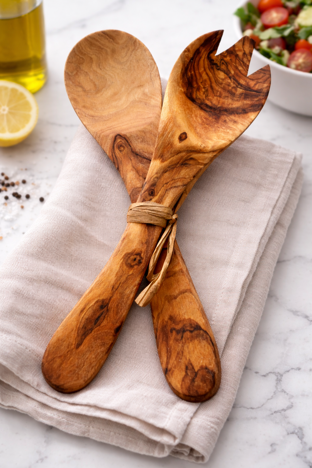 Wooden salad servers on a marble surface with a lemon and bowl of salad in the background.