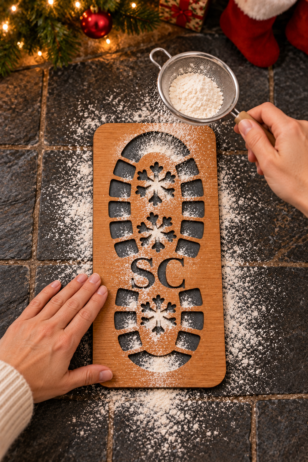 Sifting white powder through a Santa boot stencil laid flat to create a Christmas Eve footprint.