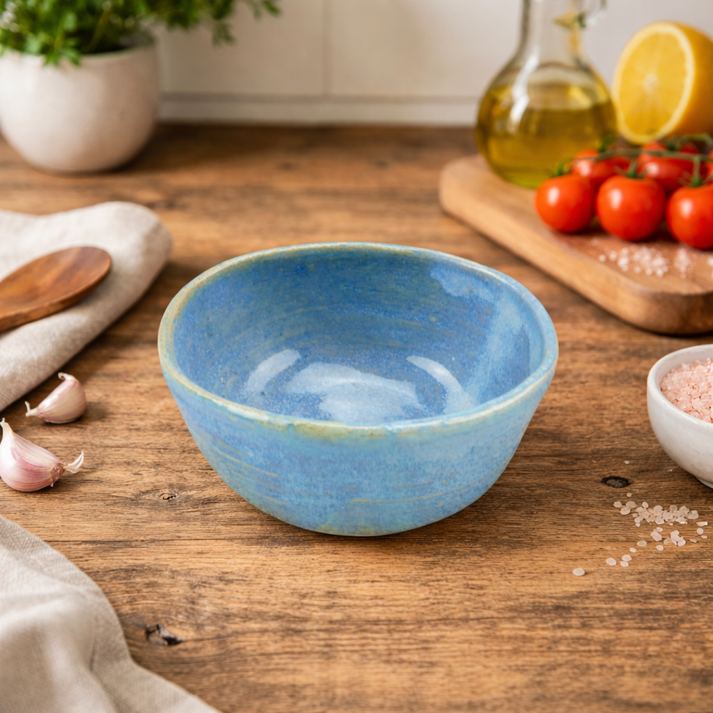 Blue bowl on a wooden table with kitchen items in the background