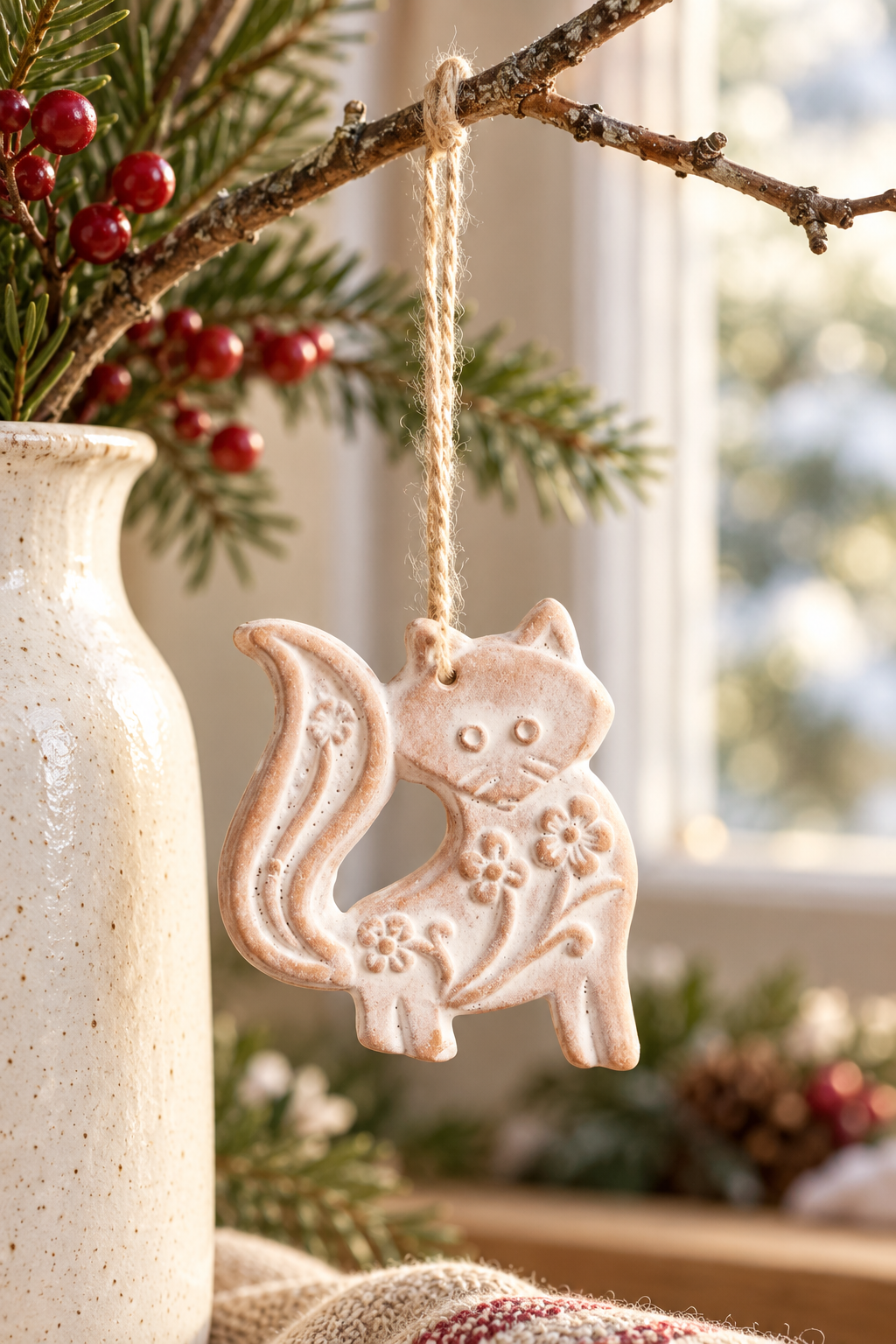 Handmade fox tree decoration hanging from a twig display