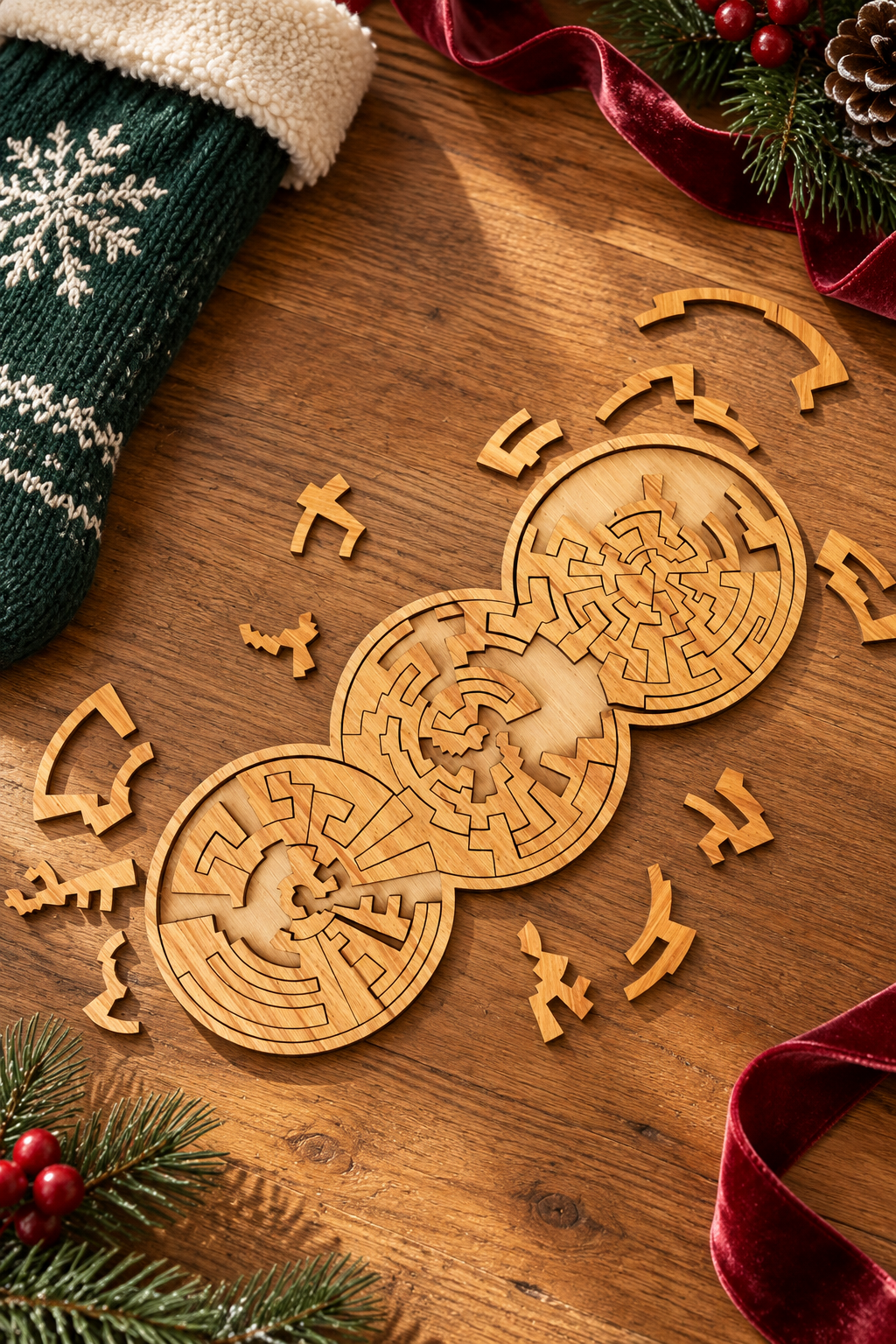 Three Rings wooden puzzle and loose pieces styled with a green Christmas stocking, burgundy ribbon and fir sprigs.