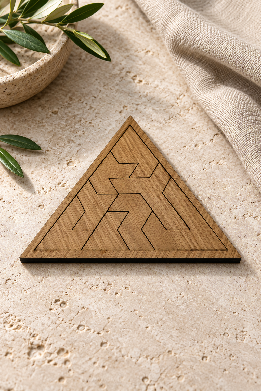 Assembled triangular oak-veneered tessellation puzzle on pale limestone beside natural linen.