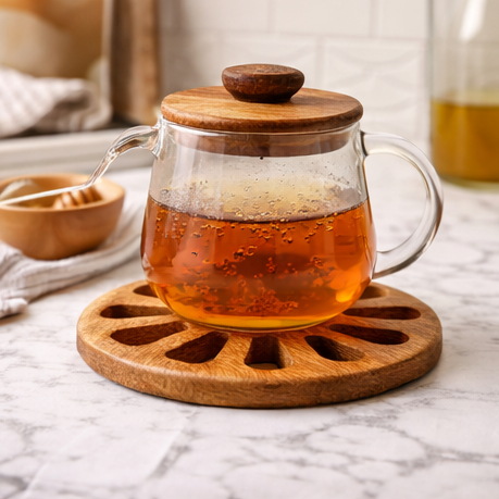 Wooden trivets being used with pot of tea
