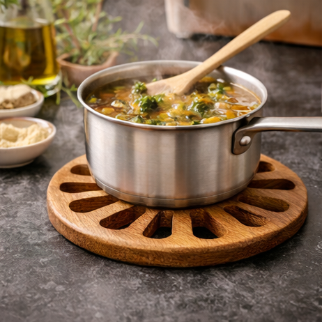 Wooden trivets being used with sauce pan