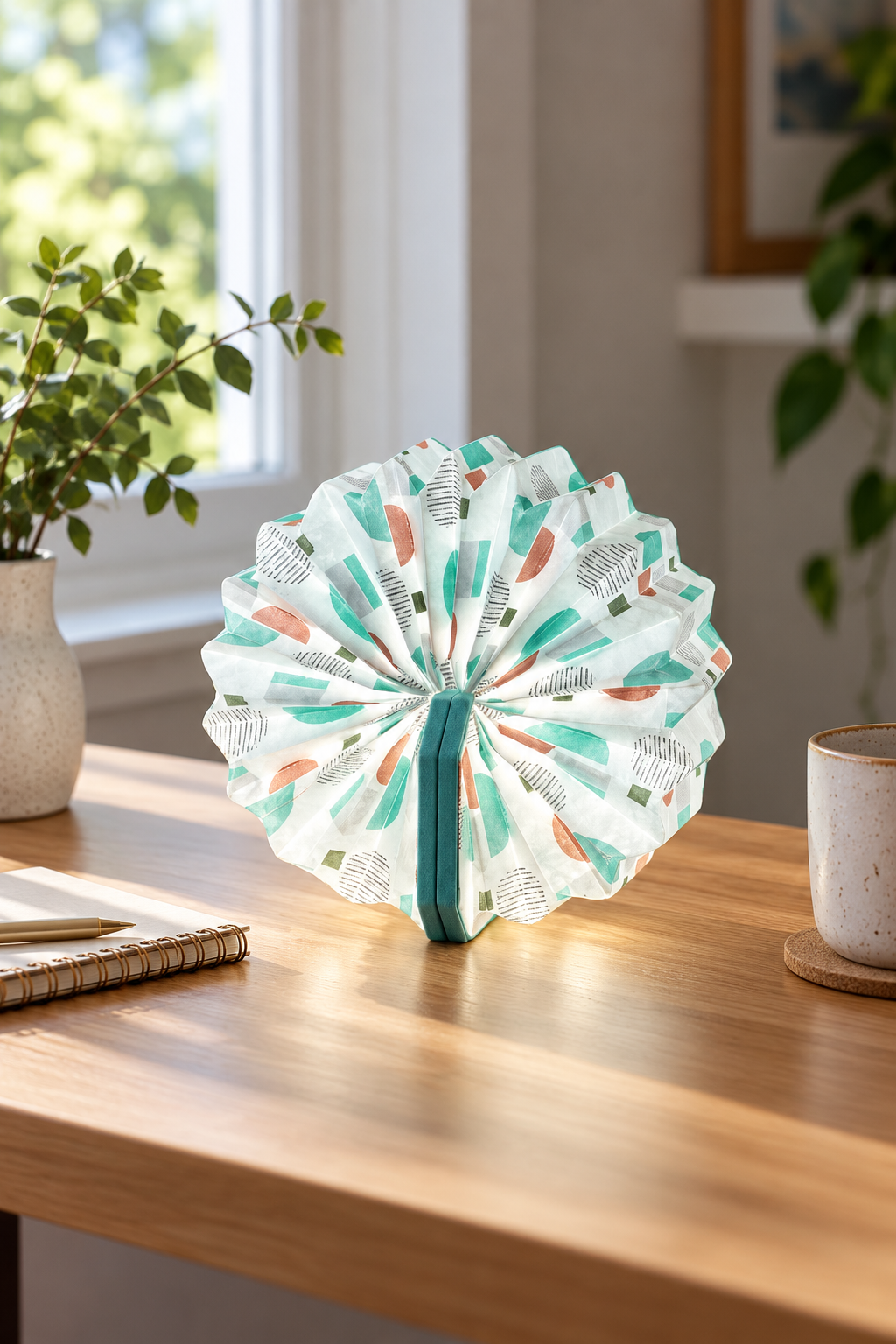 Turquoise Geometric Velvet Accordion Lamp on a sunlit oak desk beside a notebook and ceramic cup, with cool white light through the patterned folds.