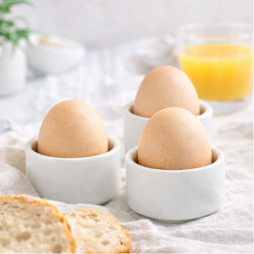eggs in white cups with breakfast items like toast, orange juice.