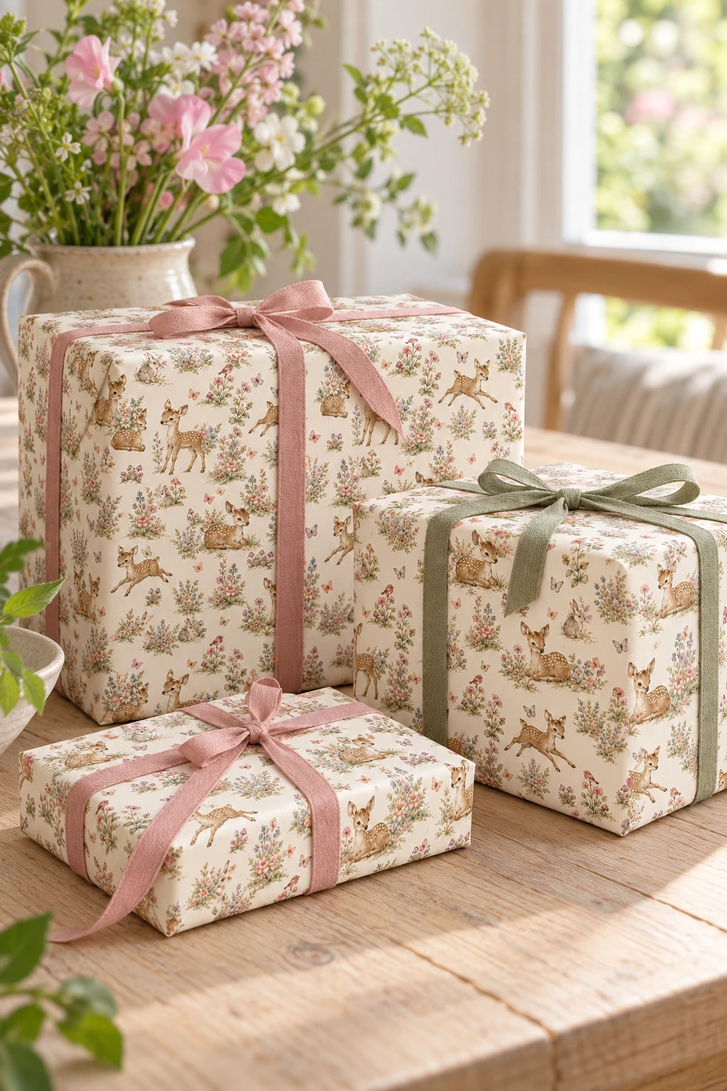 Three gifts wrapped in vintage woodland fawn paper with pink and sage ribbon on a sunny oak table.