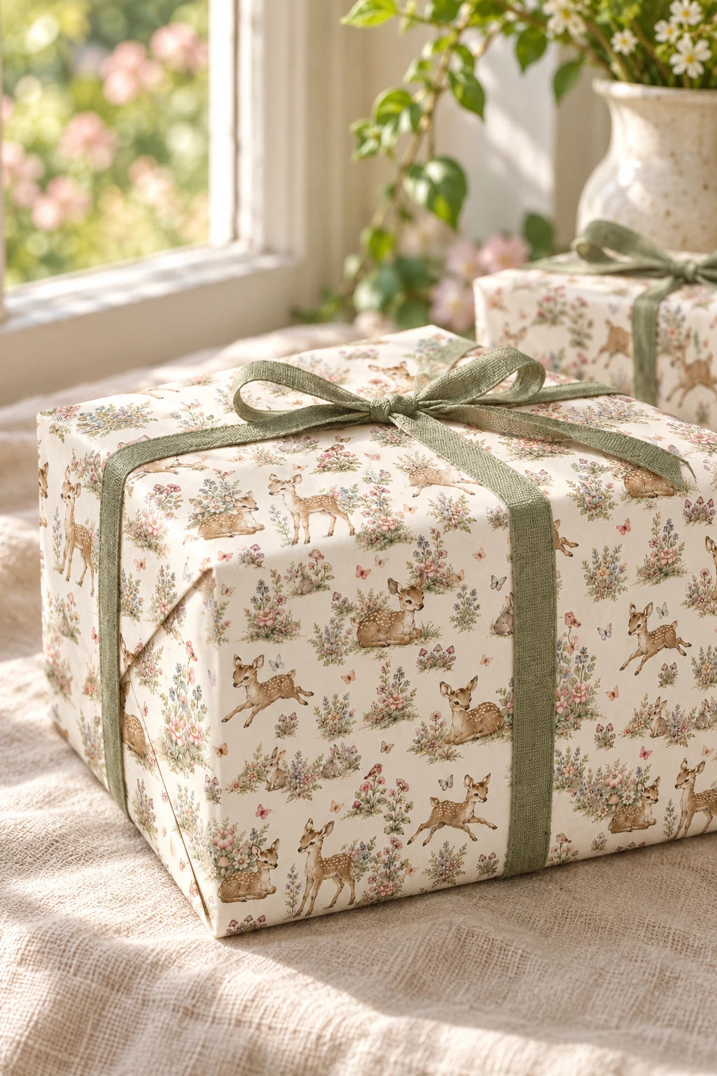 Close-up of a woodland fawn gift parcel with sage ribbon and soft botanical illustrations.
