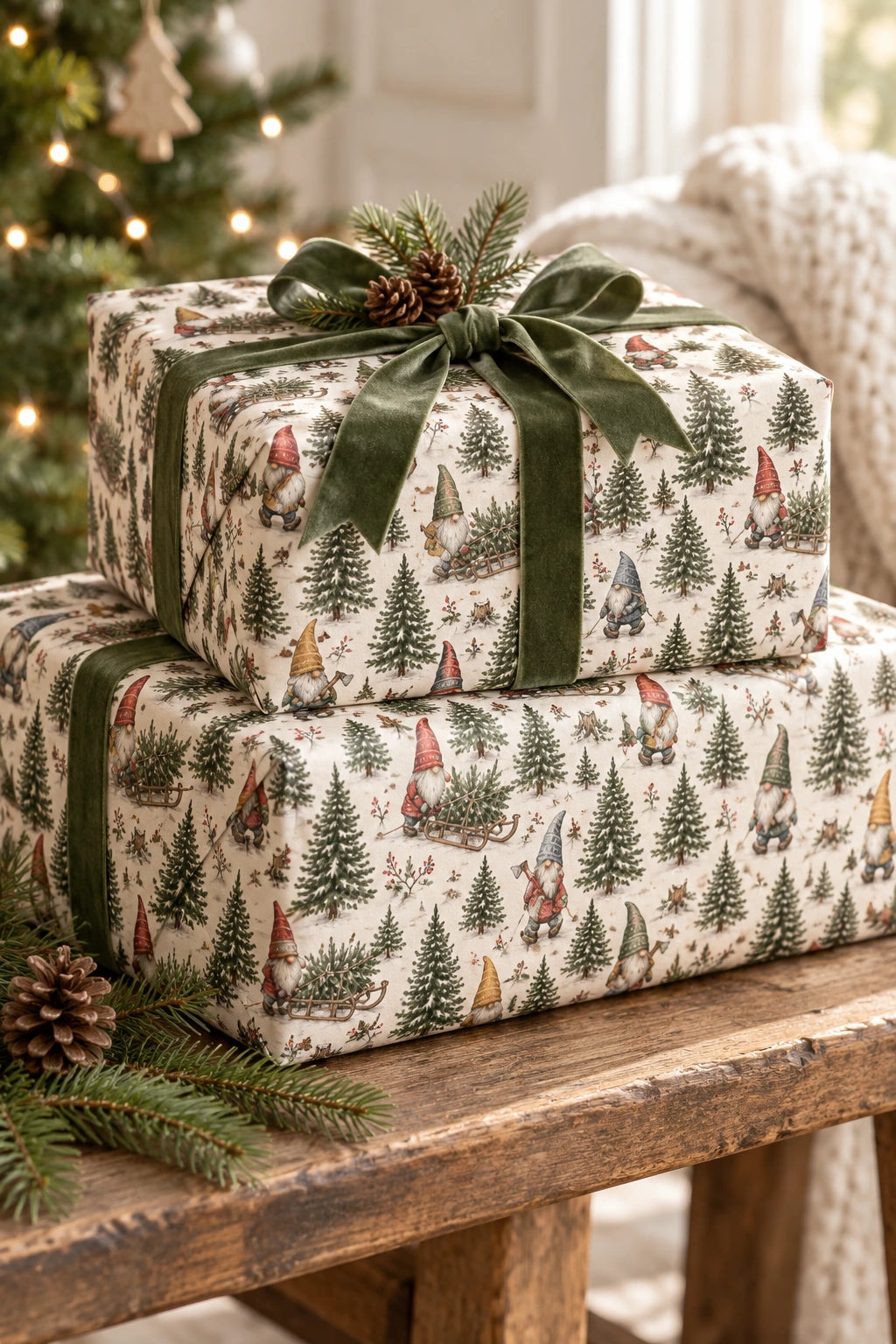 Two stacked woodland gnome Christmas presents finished with moss-green ribbon on a rustic bench.