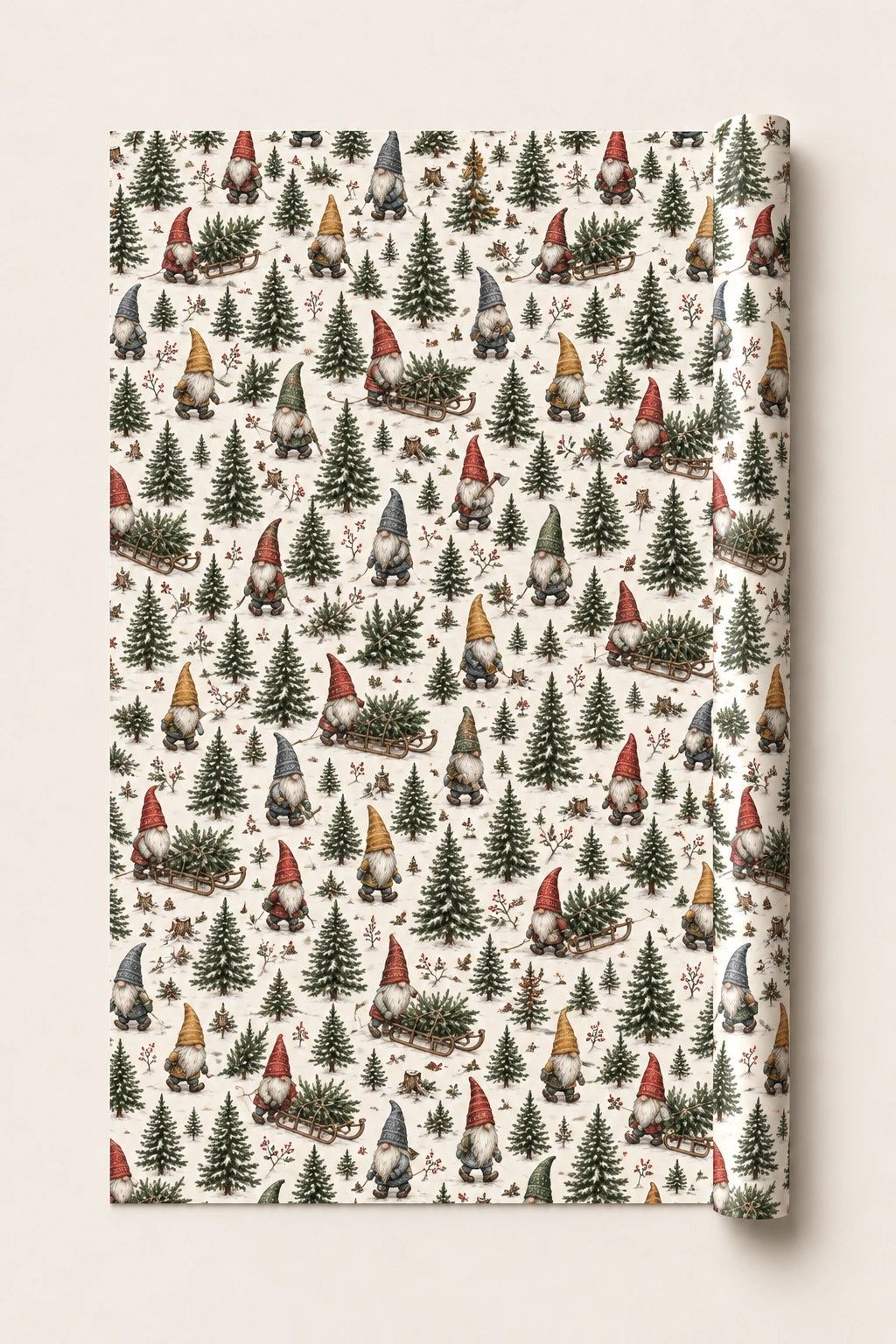 Vintage Forest woodland gnome Christmas wrapping paper roll with snowy fir trees and colourful gonks.