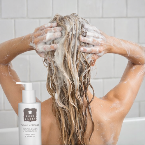 a woman using Pure Lakes hair care products with the product displayed in frame.