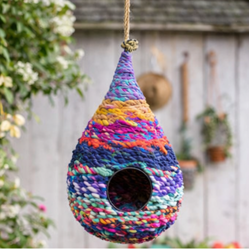 Collage of colorful woven birdhouses in a garden setting
