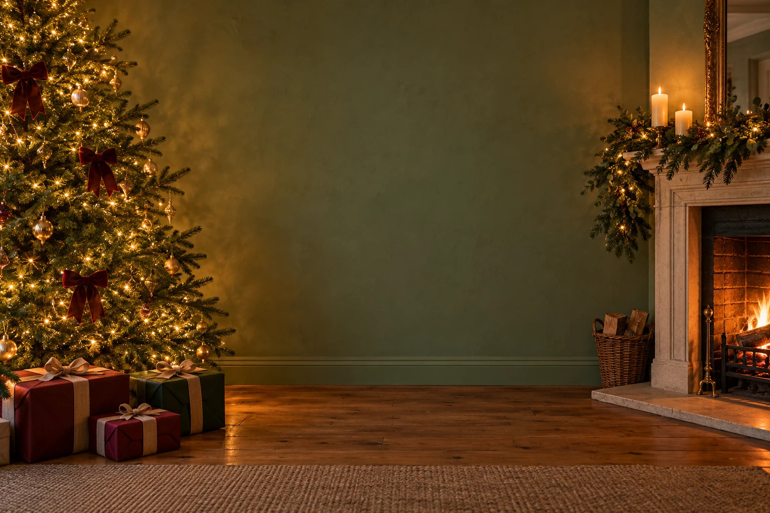 A Christmas tree with warm fairy lights and ribbon-wrapped presents beside a candlelit fireplace.