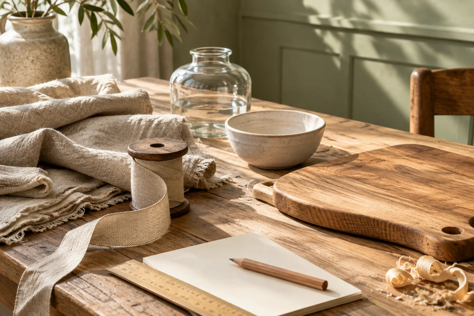 Linen, wooden boards, drawing tools, glass and ceramics on a sunlit worktable.