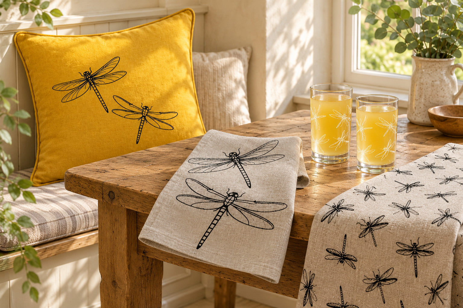 Mustard Dragonfly cushion with a natural linen printed napkin, tea towel and dragonfly etched glass tumblers.