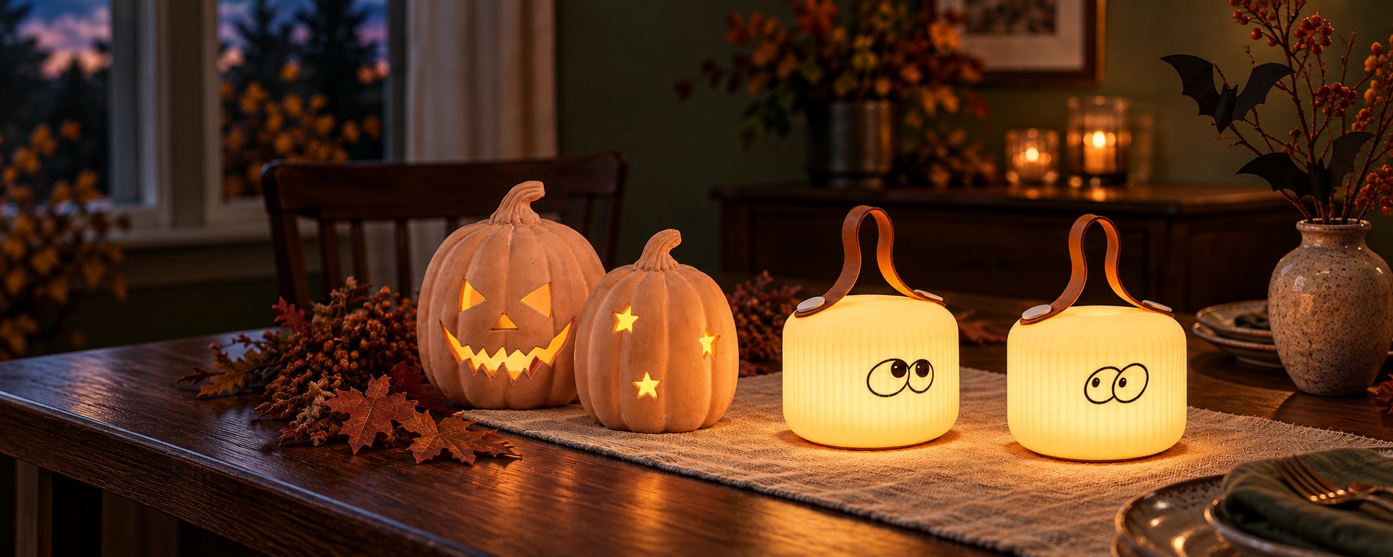 Terracotta pumpkin lanterns and two glowing Mochi lamps on an autumn dining table with foliage and candlelight.