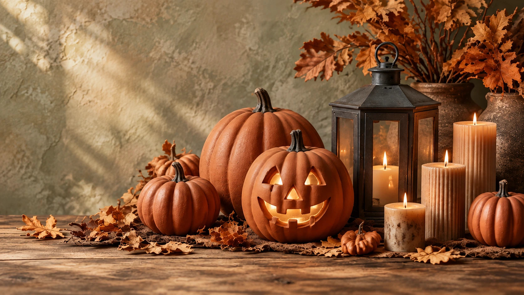 Terracotta pumpkins, a glowing pumpkin lantern and candles on a wooden table with autumn branches against a warm sage wall.