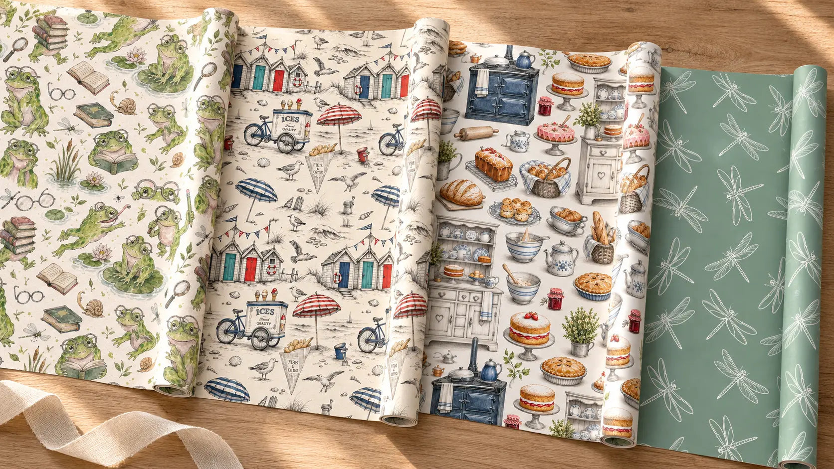 Bookish Frogs, A Very British Seaside, The Baker’s Kitchen and sage Dragonfly wrapping papers unrolled across a pale wooden table.