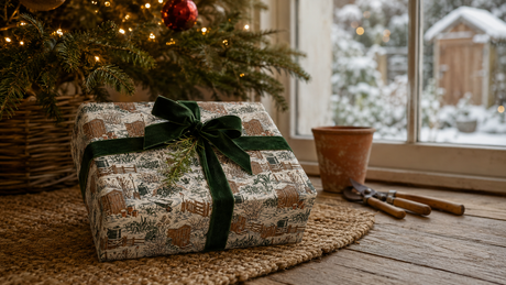 Christmas present wrapped in Byard’s Winter Allotment paper beneath a tree beside a snowy garden window.