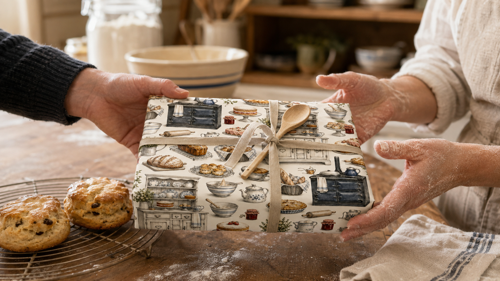 A home baker receiving a present wrapped in Byard’s illustrated Baker’s Kitchen wrapping paper.