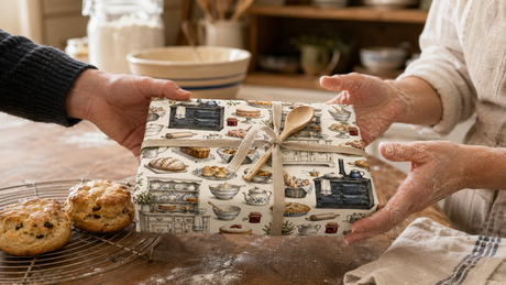 A home baker receiving a present wrapped in Byard’s illustrated Baker’s Kitchen wrapping paper.