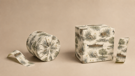 Flexible 90gsm and structured 140gsm Riverbank wrapping paper shown on cylindrical and square gifts.