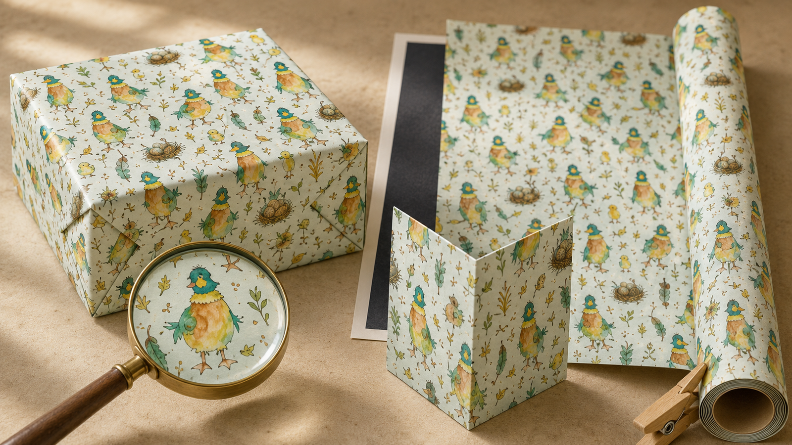Quirky Ducks wrapping paper undergoing quality checks for print clarity, opacity, folding and crisp gift-box corners.