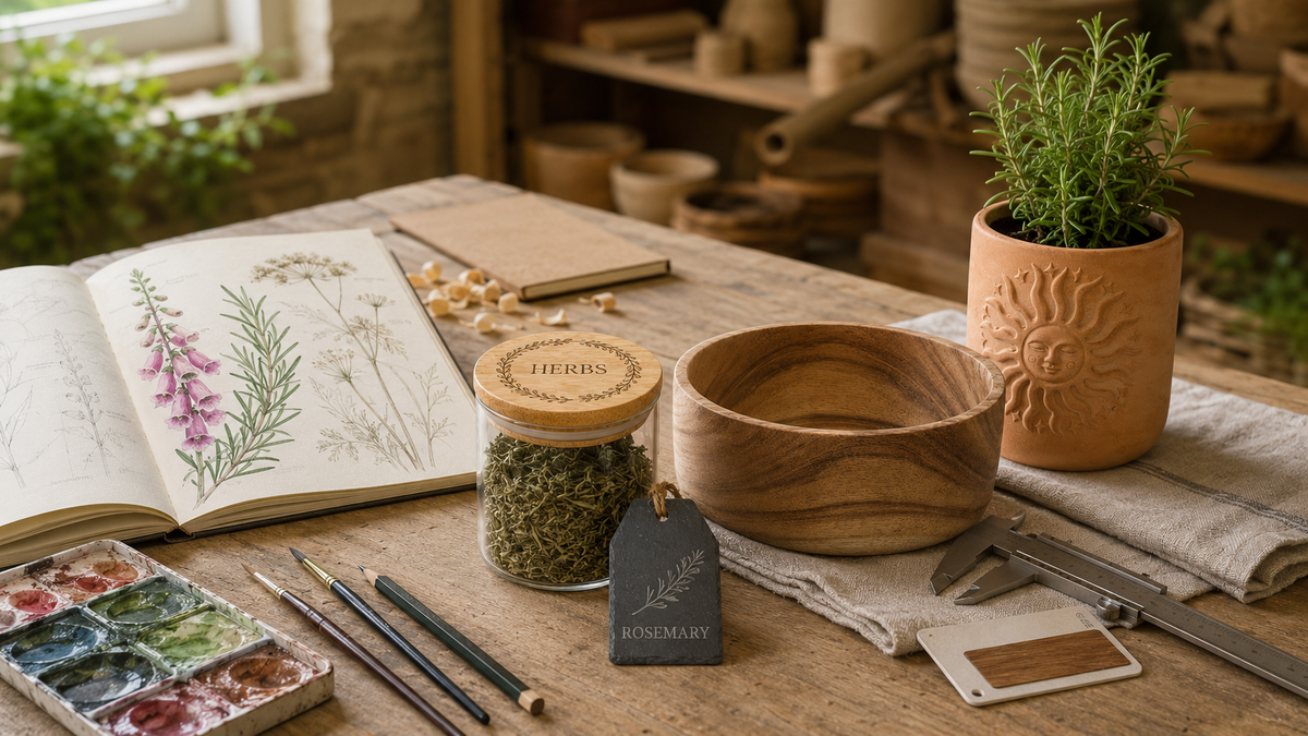 Botanical artwork, personalised storage jar and slate label displayed with sourced wooden and terracotta homeware in the Byard’s studio.