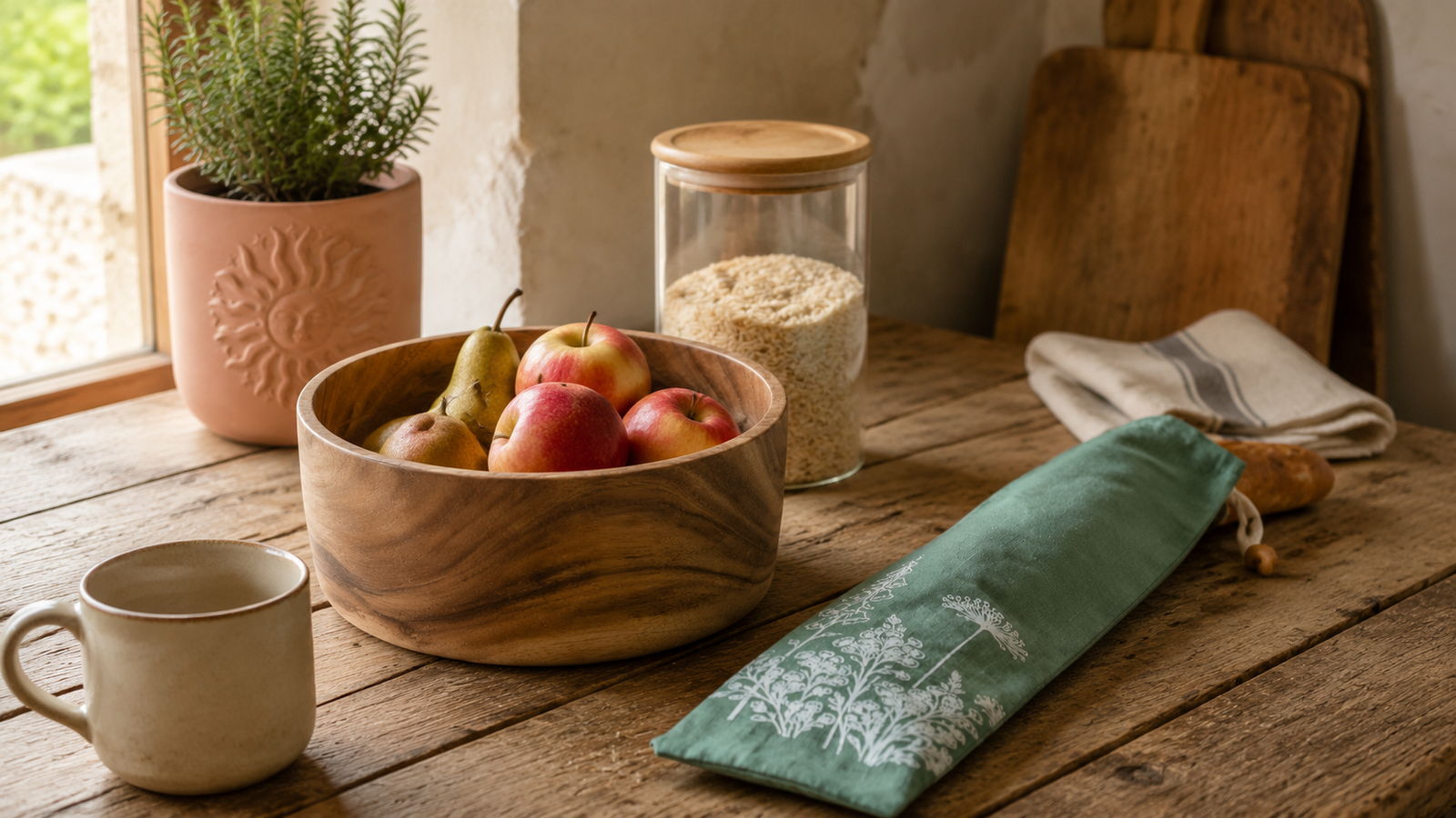 Timeless natural homeware including a wooden serving bowl, glass storage jar, linen bread bag and terracotta plant pot in a lived-in kitchen.