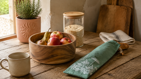Timeless natural homeware including a wooden serving bowl, glass storage jar, linen bread bag and terracotta plant pot in a lived-in kitchen.