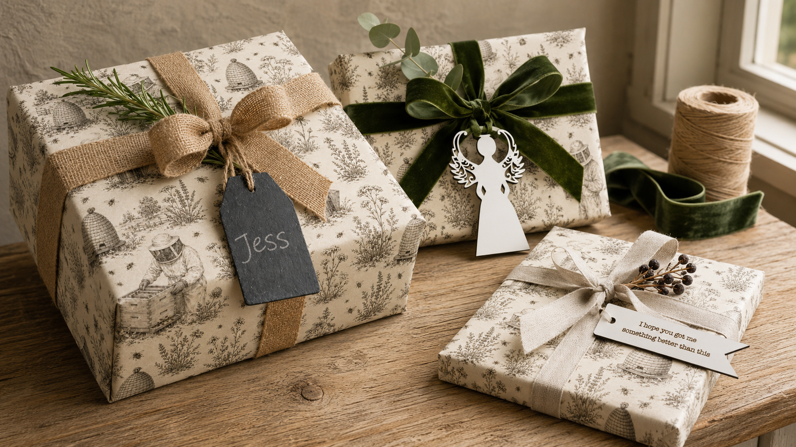 Beekeeper’s Meadow gifts styled with hessian, velvet and linen ribbon, natural greenery and Byard’s gift tags.