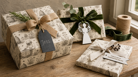 Beekeeper’s Meadow gifts styled with hessian, velvet and linen ribbon, natural greenery and Byard’s gift tags.