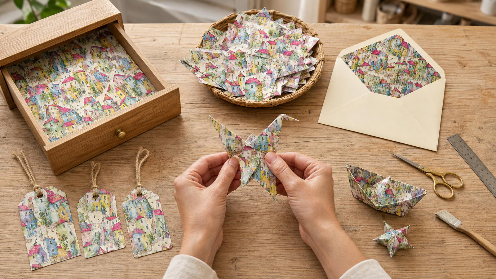 Colourful Village wrapping-paper scraps reused for origami, handmade gift tags, envelope lining and a wooden drawer liner.