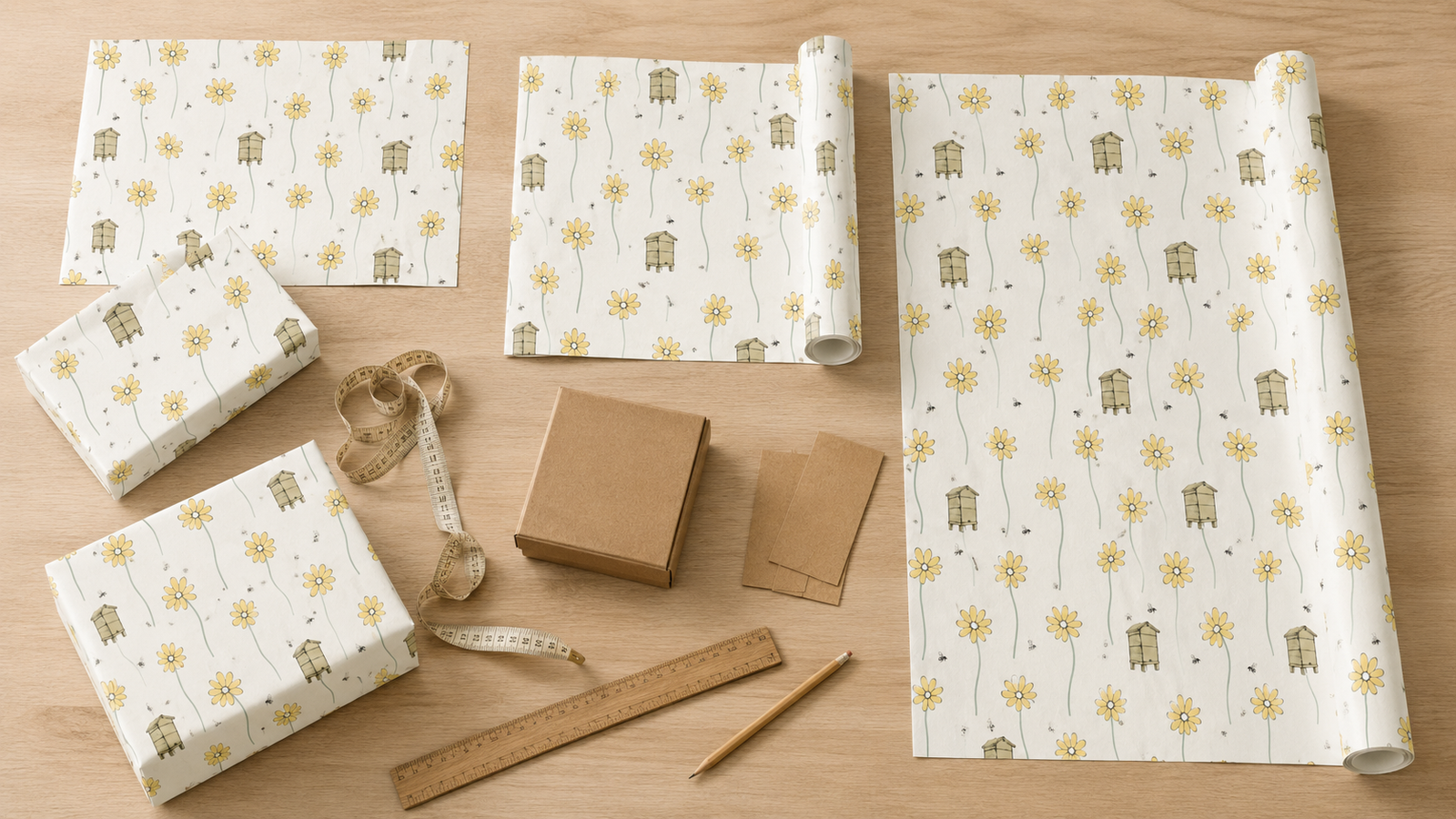Daisy and Beehive wrapping paper shown as sheets and different roll lengths beside wrapped gifts and measuring tools.