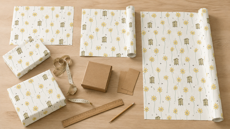 Daisy and Beehive wrapping paper shown as sheets and different roll lengths beside wrapped gifts and measuring tools.