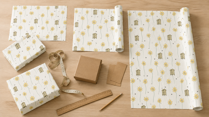 Daisy and Beehive wrapping paper shown as sheets and different roll lengths beside wrapped gifts and measuring tools.