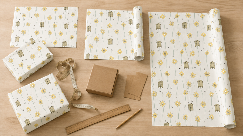 Daisy and Beehive wrapping paper shown as sheets and different roll lengths beside wrapped gifts and measuring tools.