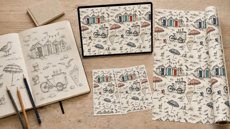 Pencil sketches, digital pattern development and finished Very British Seaside wrapping paper in the Byard’s Derbyshire studio.