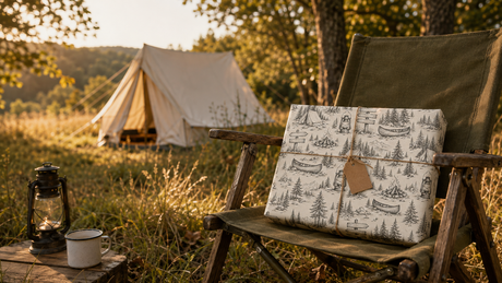 Camping-themed gift wrapped in Byard’s illustrated paper on a canvas chair beside a woodland tent.