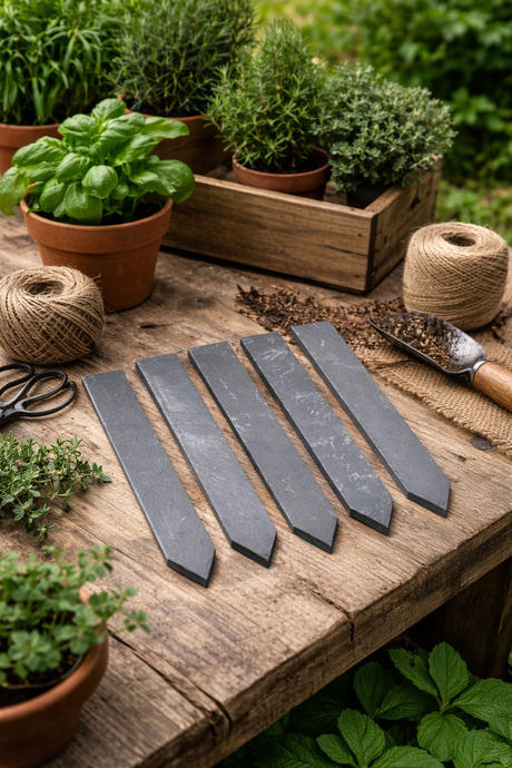 Set of garden tools on a wooden table with plants in the background