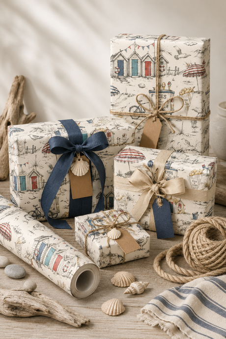 Rolled coastal wrapping paper suitable for summer birthdays, holiday gifts and beach lovers.