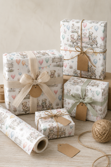 Teddy bears’ picnic birthday wrapping paper with pencil sketch artwork and storybook-style illustration.