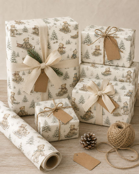 Vintage festive wrapping paper with teddy bears, snow and storybook-style illustration.