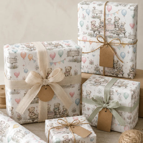 Teddy Bears’ Picnic children’s wrapping paper on birthday gifts with pastel ribbon and kraft gift tags.