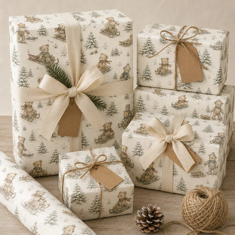 Teddy bear Christmas wrapping paper on festive gifts with ivory ribbon, pine, kraft tags and a paper roll.