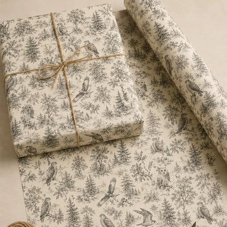 Garden and countryside wrapping paper featuring woodland birds, a wrapped parcel, paper roll and natural twine.