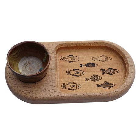Fishies snack & Dip Tray – Handcrafted Wooden Tray with Recessed Pot