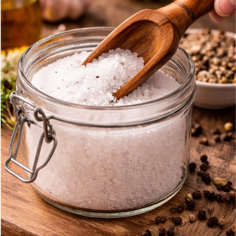 Glass jar of salt with a wooden spoon on a wooden surface with peppercorns.
